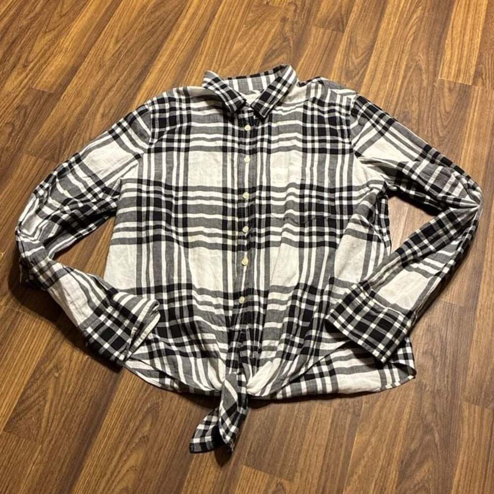J.Crew Black and White Plaid Tie-Front Button Down Shirt